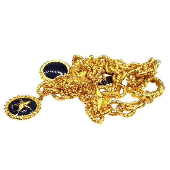 Textured Links Bib Necklace with Dangling Star Charms, Gold Tone and Navy Blue - Picture 5 of 5